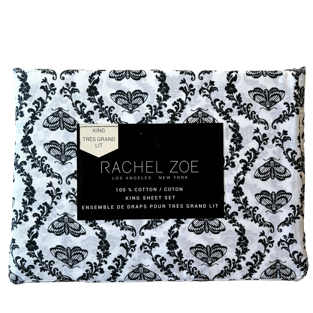 Rachel Zoe Moth Damask KING Sheet Set 4pc Black White 100% Cotton Halloween NEW